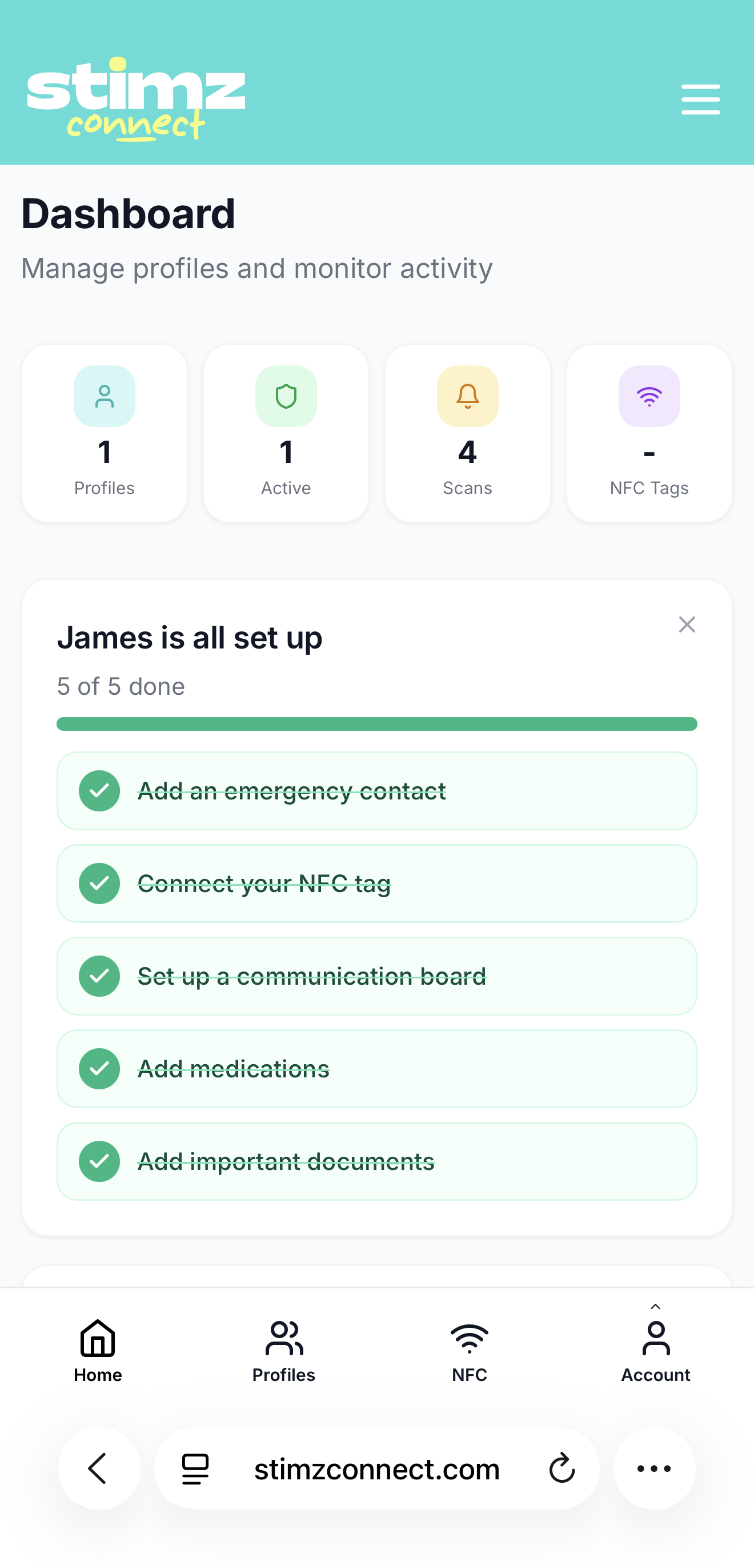 Admin dashboard - James is all set up, 5 of 5 done