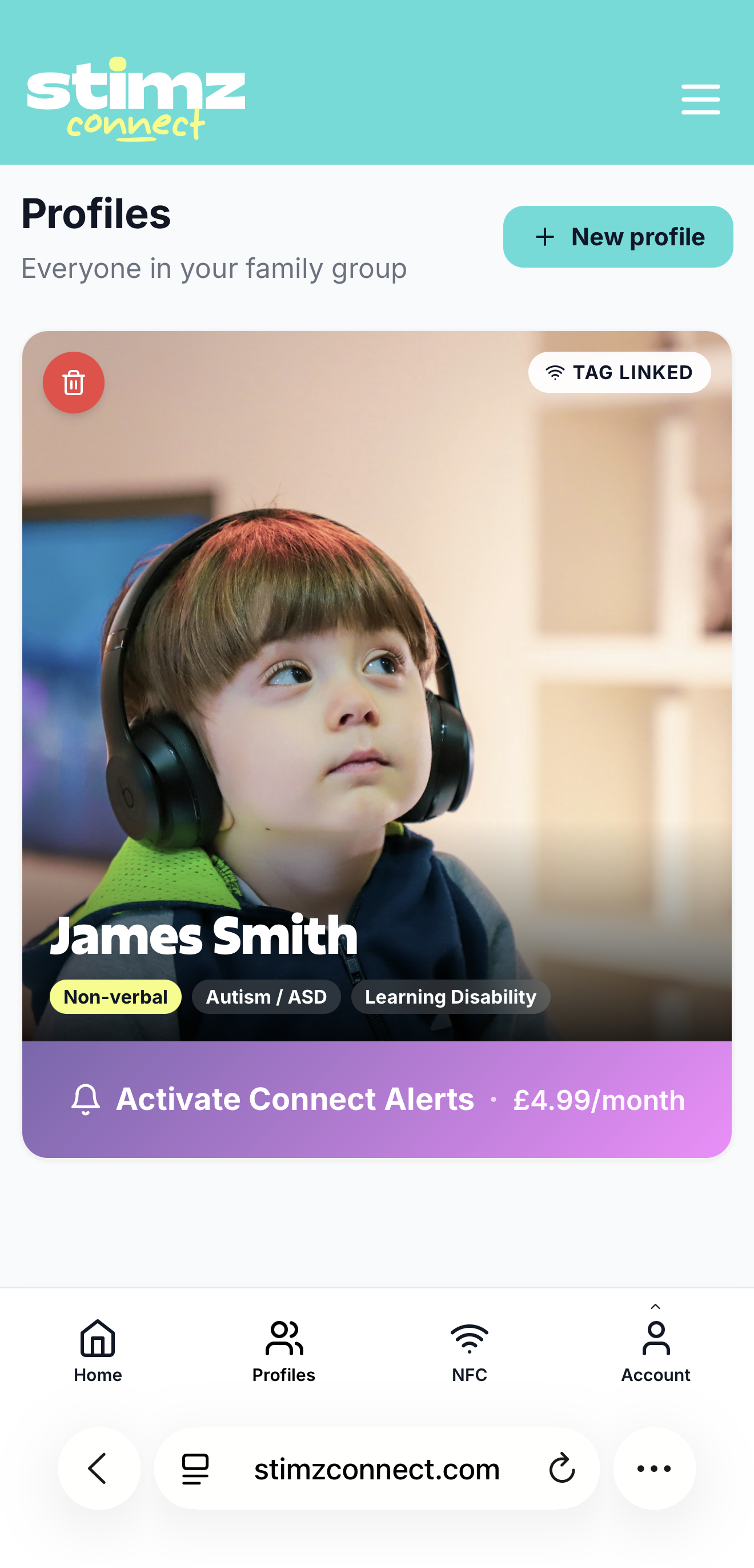 Profiles tab showing James card with TAG LINKED badge