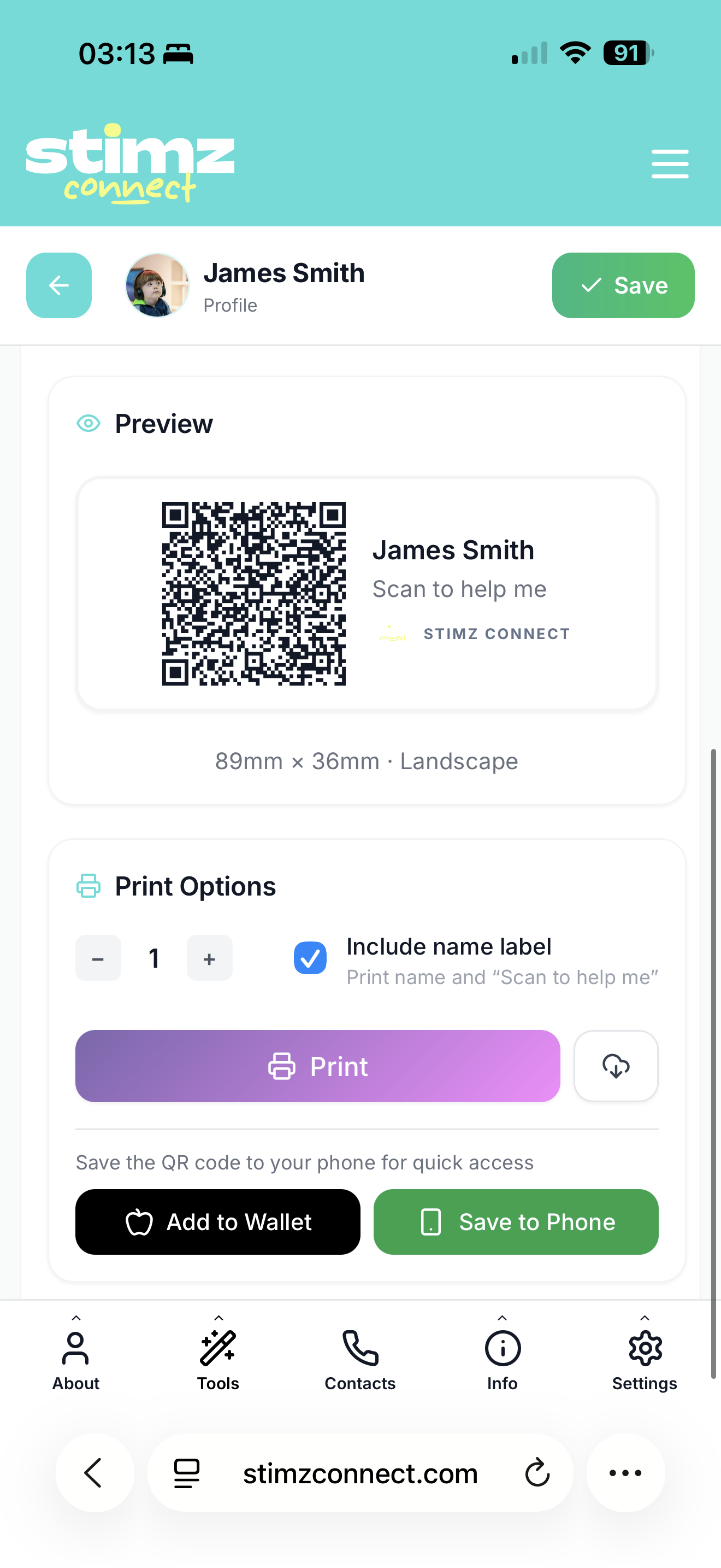 QR Code preview with Add to Wallet and Save to Phone