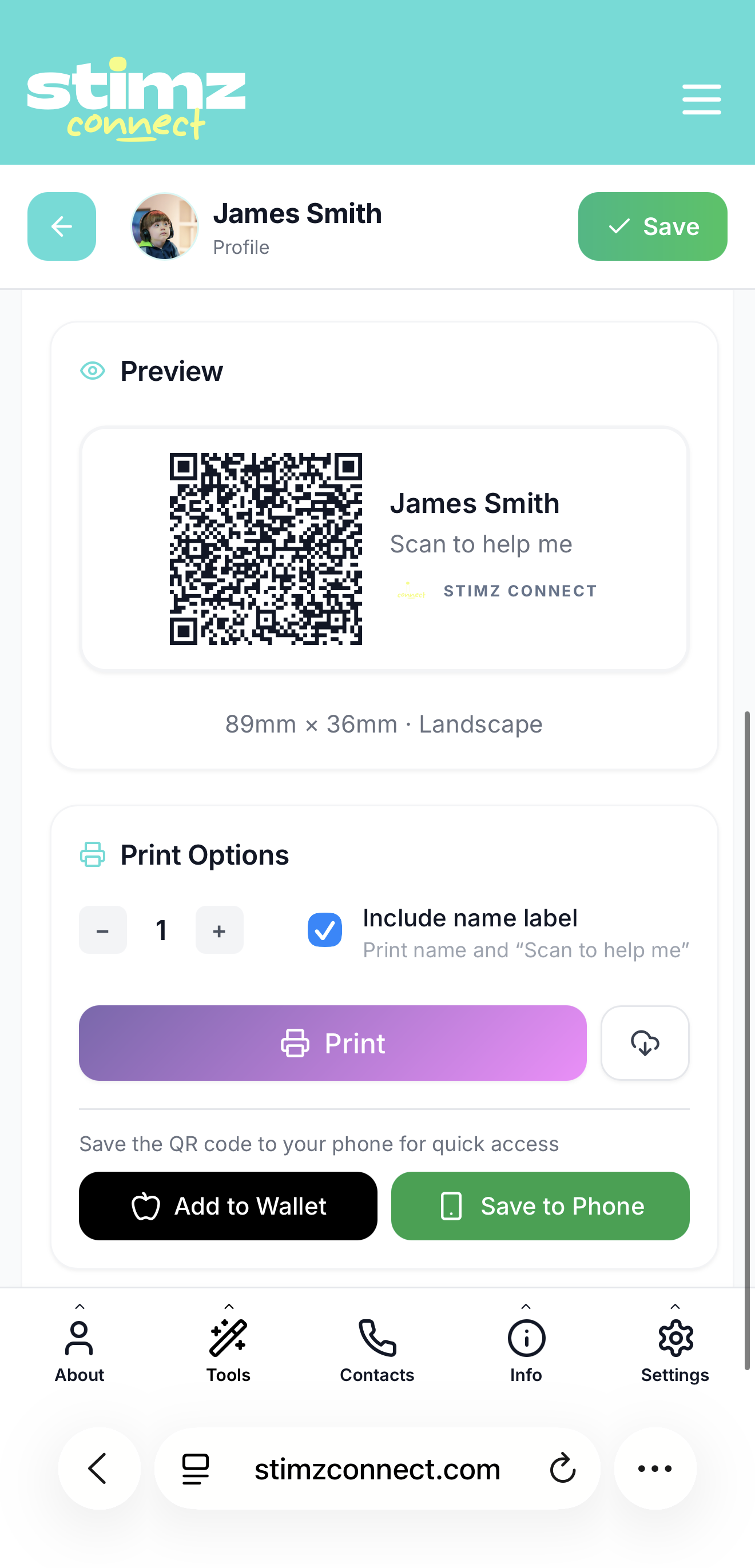 QR Code preview with Add to Wallet and Save to Phone