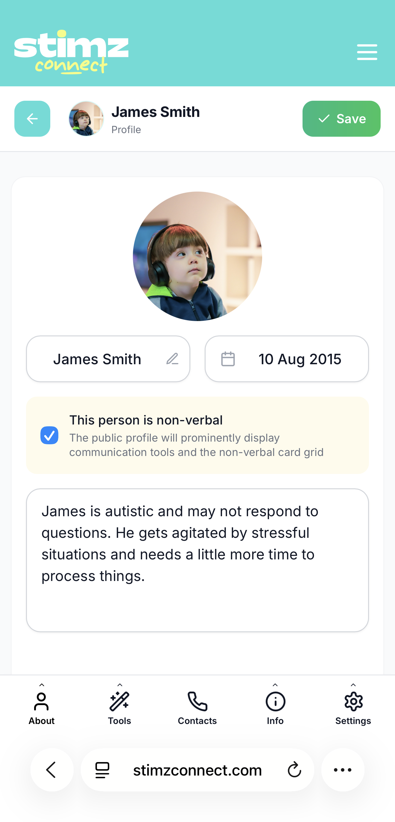 Profile editor About tab - James Smith with photo and bio