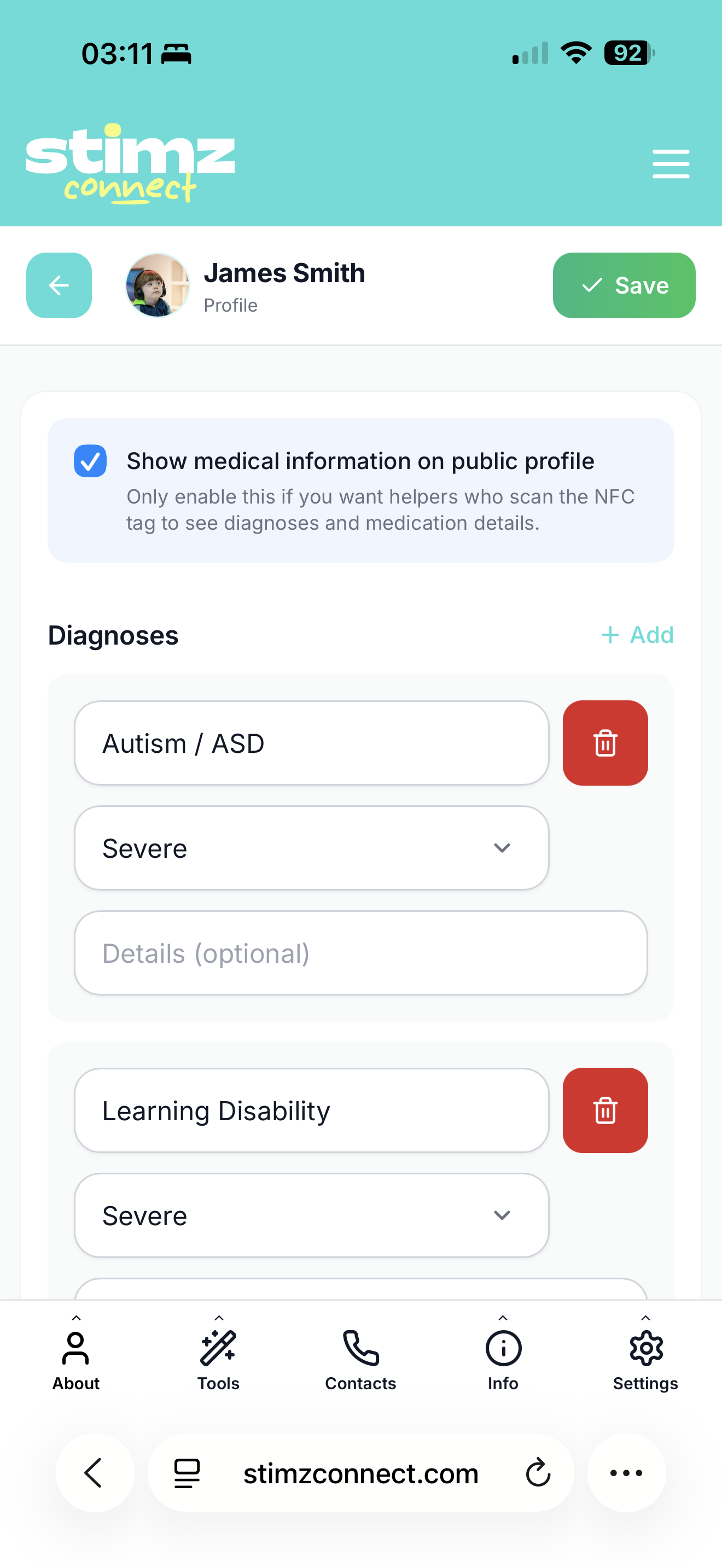 Profile editor Medical tab with diagnoses and Sertraline