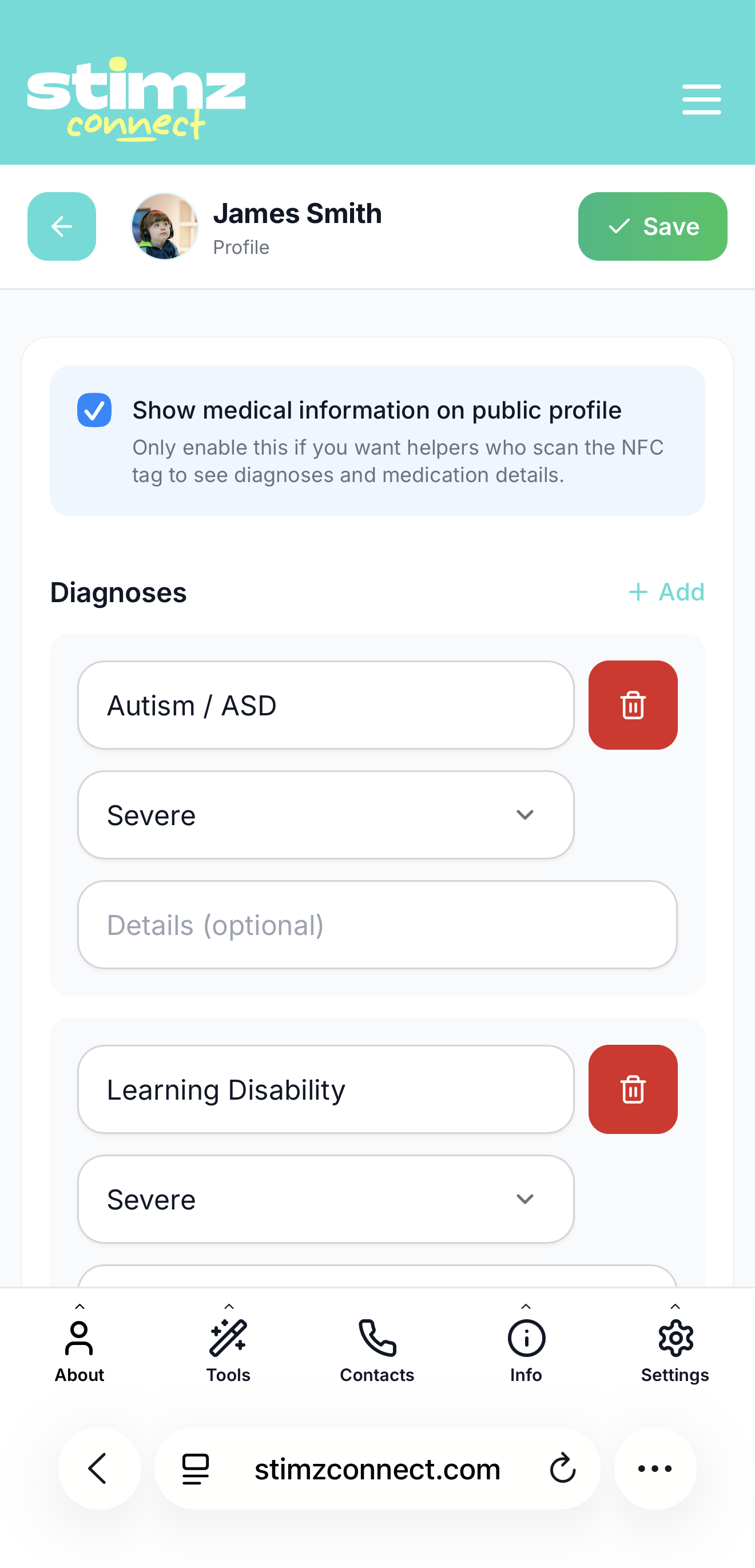 Profile editor Medical tab with diagnoses and Sertraline